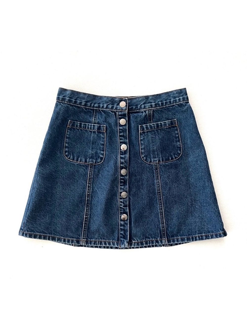 BDG Denim Snap Front Mini Skirt in Classic Blue Patch Pockets Cotton Size Small
